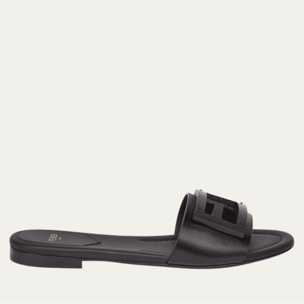 Fendi Black Slides / Baguette FF Tube Medallion Flat Sandals